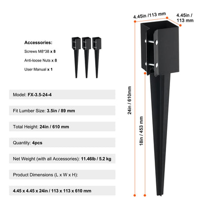 Staketstolpe Ankare Ground Spike, 4-pack 24 x 4 x 4 tum Ytterdiameter (Inre diameter 3,5 x3,5 tum), metall svart pulverlackerad stolpstake mark, för brevlådedäck trädgårdsräcke