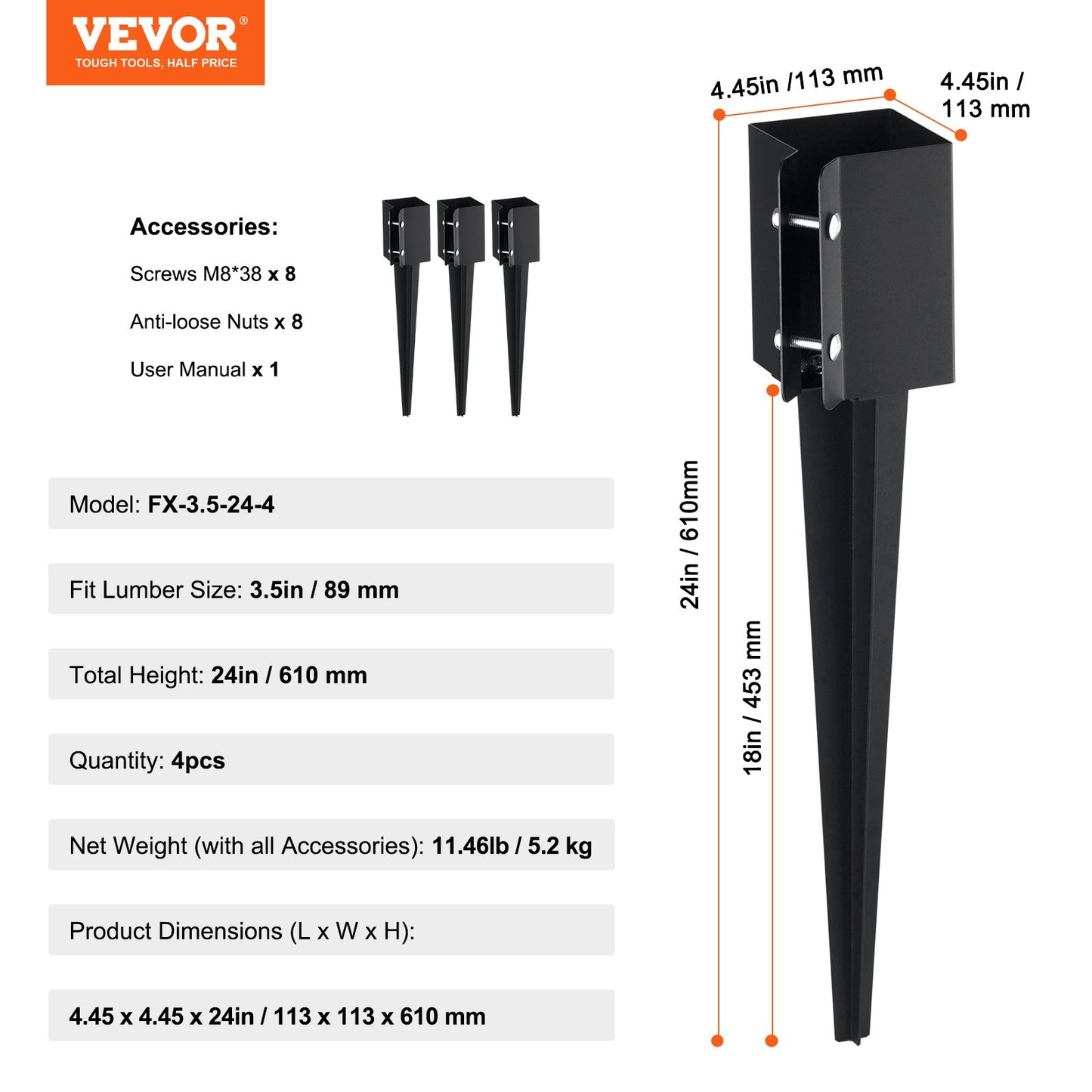 Fence Post Anchor Ground Spike, 4 Pack 24 x 4 x 4 Inches Outer Diameter (Inner Diameter 3.5 x3.5 Inches), Metal Black Powder Coated Post Stake Ground, for Mailbox Deck Garden Railing