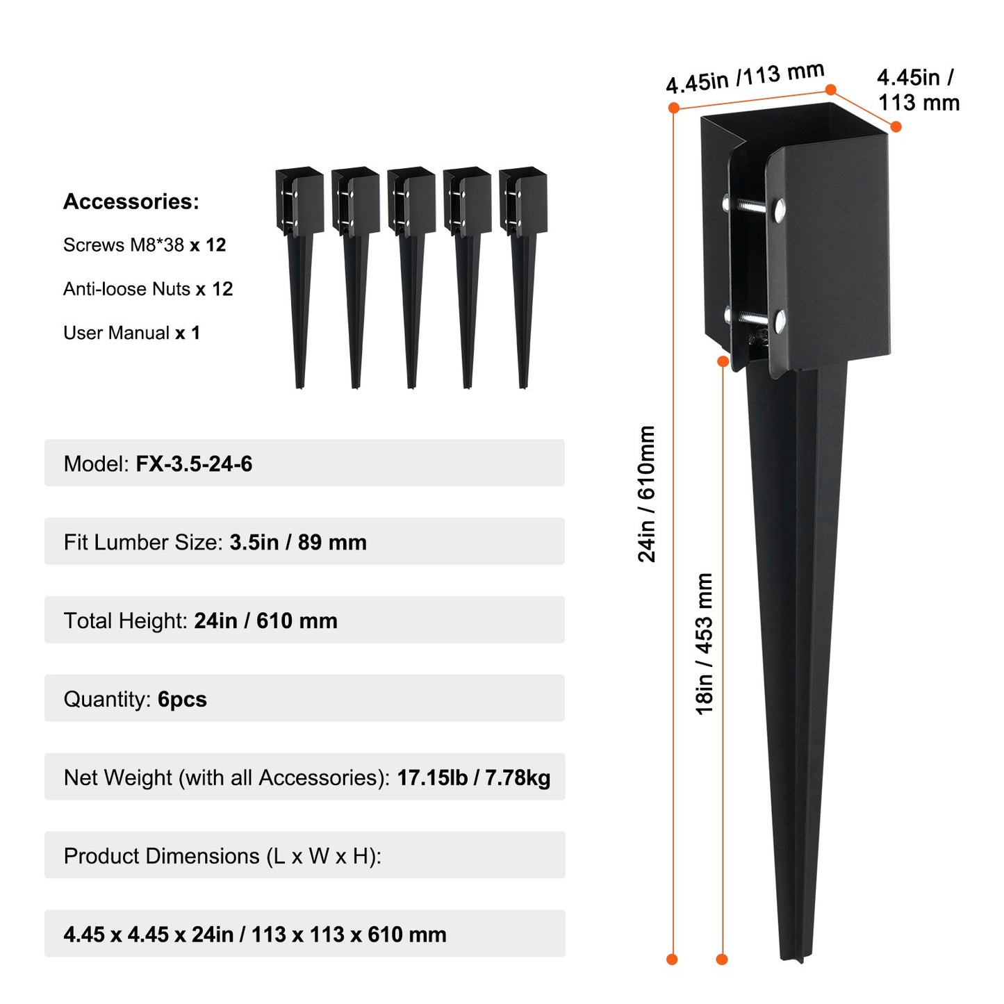 Staketstolpe Ankare Ground Spike, 6-pack 24 x 4 x 4 tum Ytterdiameter (Inre diameter 3,5 x3,5 tum), metall svart pulverlackerad stolpstake mark, för brevlådedäck trädgårdsräcke