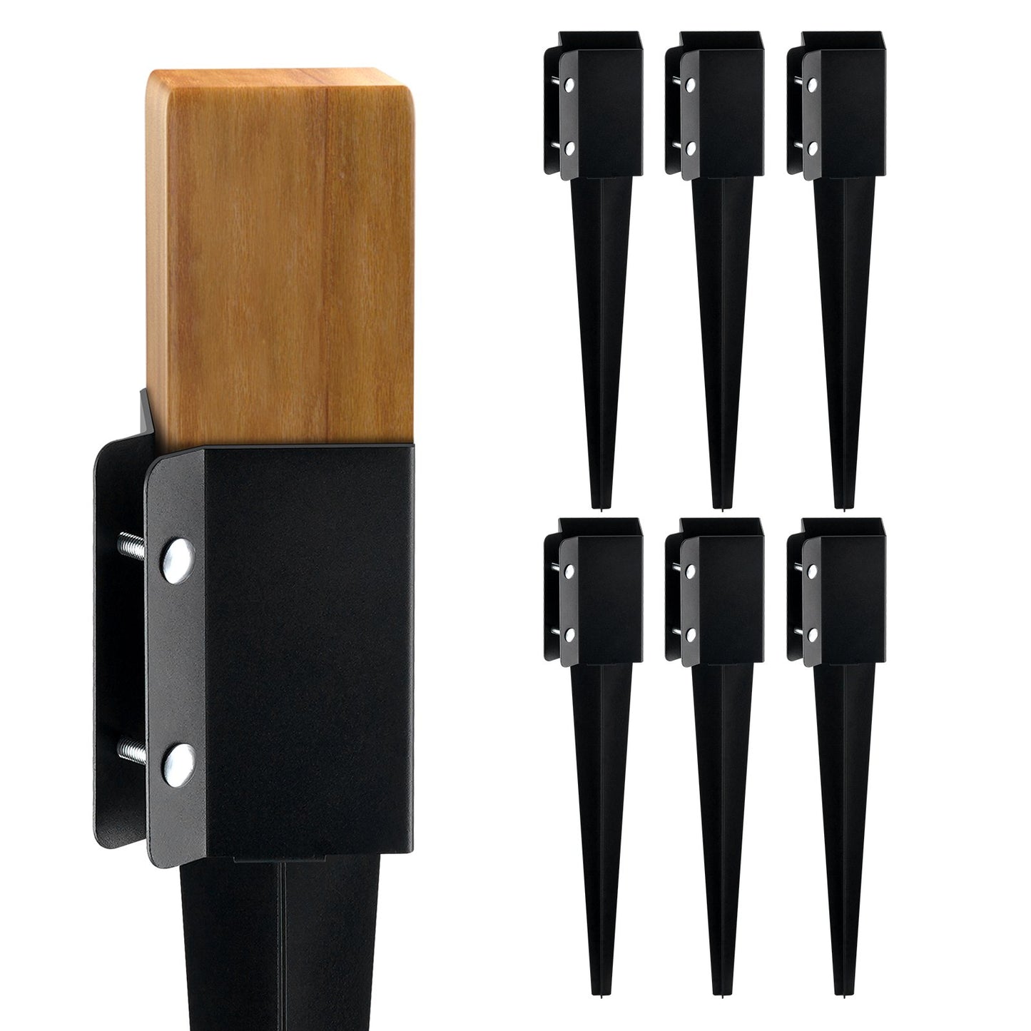 Staketstolpe Ankare Ground Spike, 6-pack 24 x 4 x 4 tum Ytterdiameter (Inre diameter 3,5 x3,5 tum), metall svart pulverlackerad stolpstake mark, för brevlådedäck trädgårdsräcke