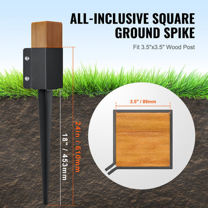 Fence Post Anchor Ground Spike, 6 Pack 24 x 4 x 4 Inches Outer Diameter (Inner Diameter 3.5 x3.5 Inches), Metal Black Powder Coated Post Stake Ground, for Mailbox Deck Garden Railing