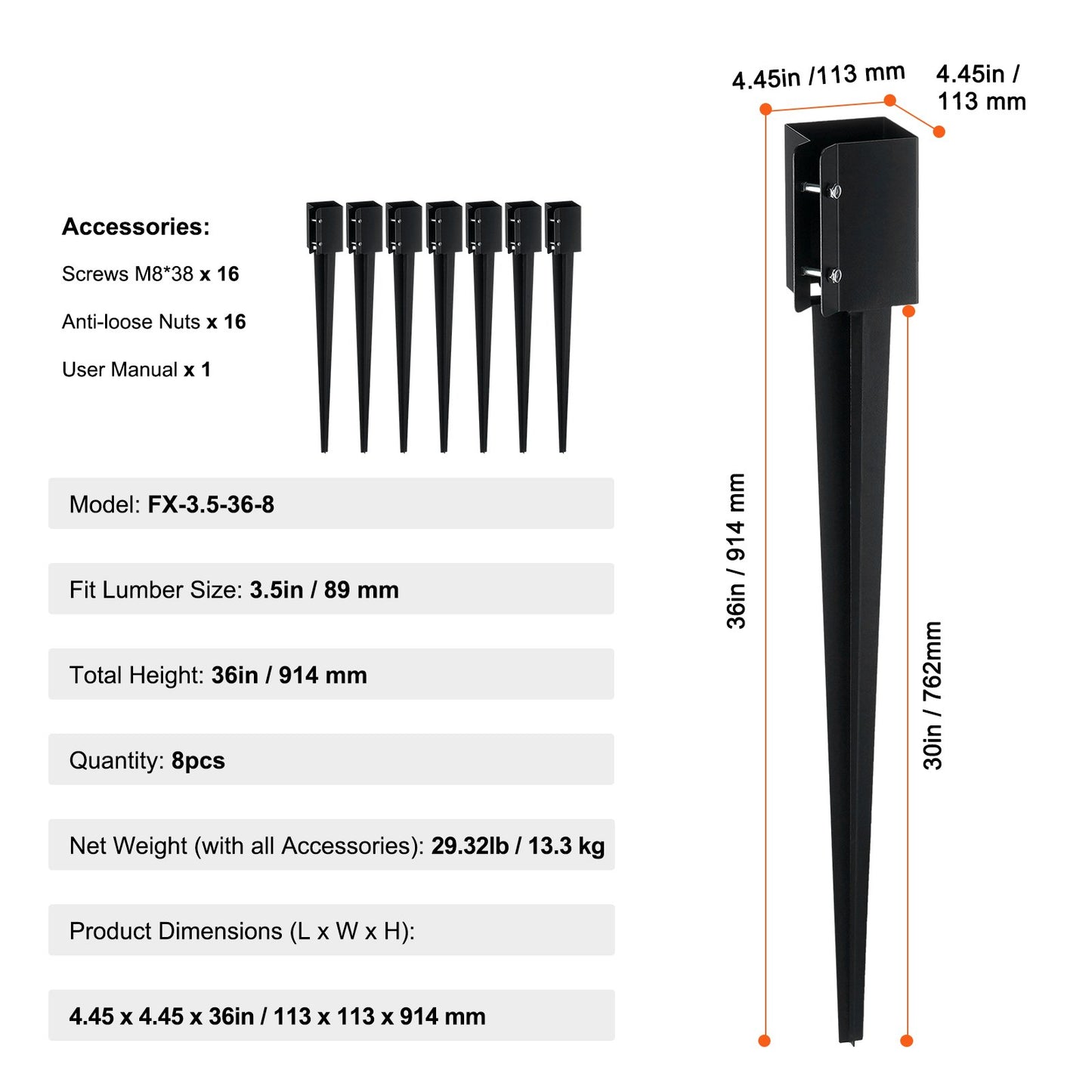 Erdspieß für Zaunpfosten, 8er-Pack, 91,4 x 10,2 x 10,2 cm Außendurchmesser (Innendurchmesser 8,9 x 8,9 cm), schwarz pulverbeschichteter Erdspieß aus Metall, für Briefkasten, Terrassen, Gartengeländer
