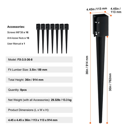 Erdspieß für Zaunpfosten, 8er-Pack, 91,4 x 10,2 x 10,2 cm Außendurchmesser (Innendurchmesser 8,9 x 8,9 cm), schwarz pulverbeschichteter Erdspieß aus Metall, für Briefkasten, Terrassen, Gartengeländer