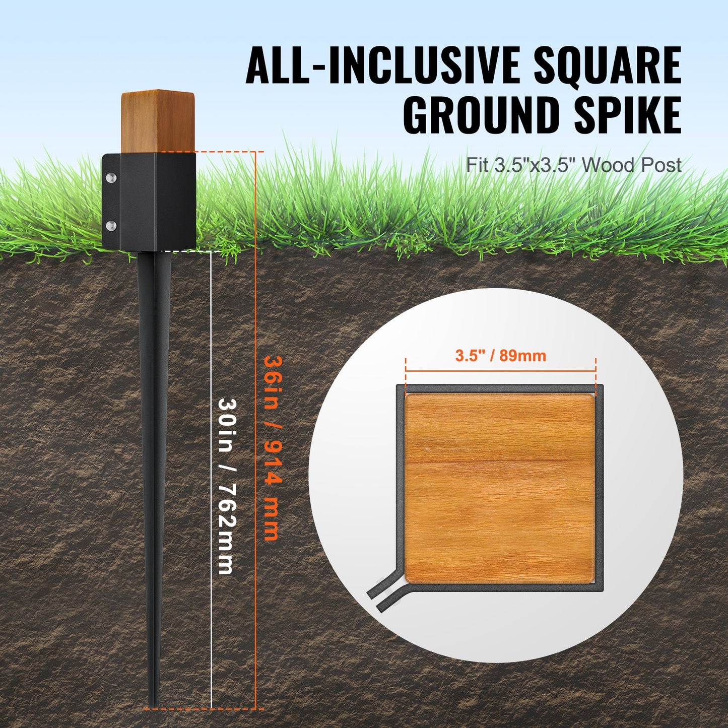 Fence Post Anchor Ground Spike, 8 Pack 36 x 4 x 4 Inches Outer Diameter (Inner Diameter 3.5 x3.5 Inches), Metal Black Powder Coated Post Stake Ground, for Mailbox Deck Garden Railing