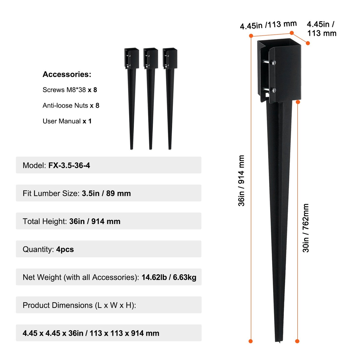 Staketstolpe Ankare Ground Spike, 4-pack 36 x 4 x 4 tum Ytterdiameter (Inre diameter 3,5 x3,5 tum), metall svart pulverlackerad stolpstake mark, för brevlådedäck trädgårdsräcke