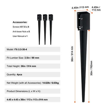 Staketstolpe Ankare Ground Spike, 4-pack 36 x 4 x 4 tum Ytterdiameter (Inre diameter 3,5 x3,5 tum), metall svart pulverlackerad stolpstake mark, för brevlådedäck trädgårdsräcke