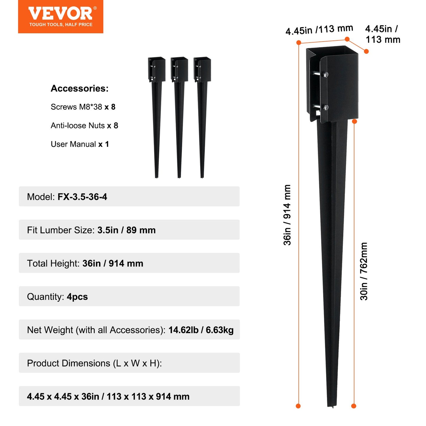 Fence Post Anchor Ground Spike, 4 Pack 36 x 4 x 4 Inches Outer Diameter (Inner Diameter 3.5 x3.5 Inches), Metal Black Powder Coated Post Stake Ground, for Mailbox Deck Garden Railing