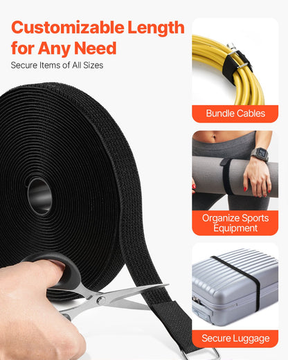 Cable Ties, 393.7-Inch Adjustable Hook and Loop Straps with 50 Metal Buckles, Reusable Velcro Cords Straps, Cut-to-Length Wire Strap, Heavy-Duty Nylon Cord Ties for Organizer and Management