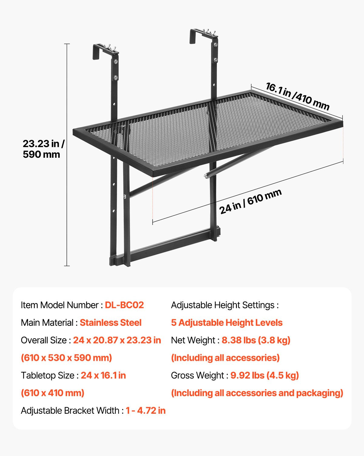 Balkon-Hängetisch 19 x 24 Zoll Metall-Terrassengeländertisch verstellbar