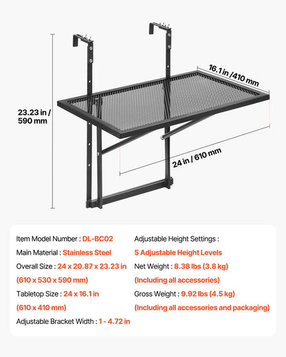 Balkon-Hängetisch 19 x 24 Zoll Metall-Terrassengeländertisch verstellbar