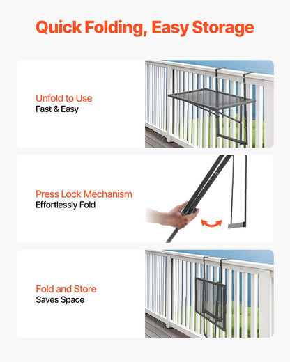 Balcony Hanging Table, 19 x 24 in Metal Folding Balcony Railing Table, Outdoor Balcony Bar Table for Railings, 5-Level Adjustable, Fit Railing from 1" to 4.7", Serving Table for Patio & Deck