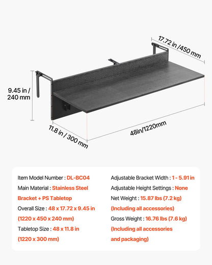 Balkonghängande bord 12 x 48 tum Uteplatsräcke Barbord Fällbart