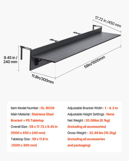 Balcony Hanging Table, 12 x 59 in Folding Balcony Railing Table, Outdoor Balcony Bar Table for Railings, 50 lbs Loading, Fit Railing from 1" to 5.9", Serving Table for Patio & Deck