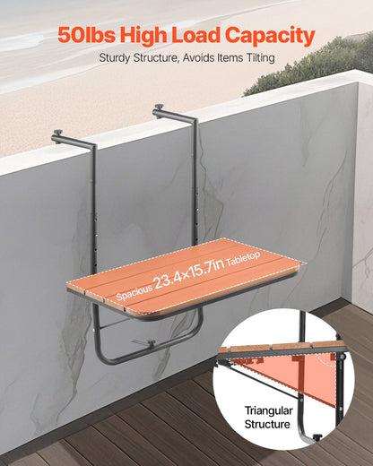 Balcony Hanging Table, 25 x 24 in Folding Balcony Railing Table, Outdoor Balcony Bar Table for Railings, 4-Level Adjustable, Fit Railing from 1" to 8.27", Serving Table for Patio & Deck