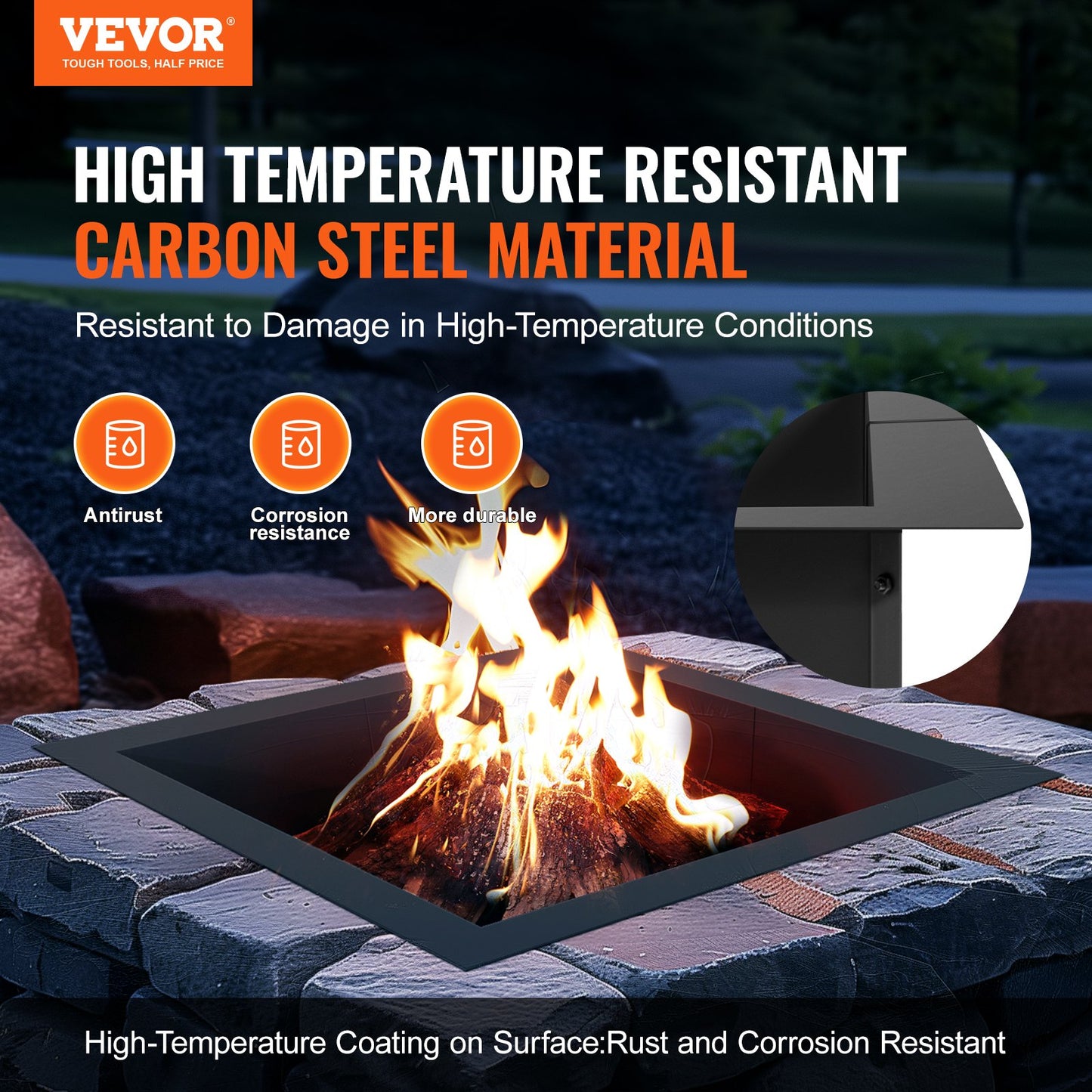 Fire Pit Ring Square 36x36 in Outer Steel Lining DIY Campfire Ring Firepit