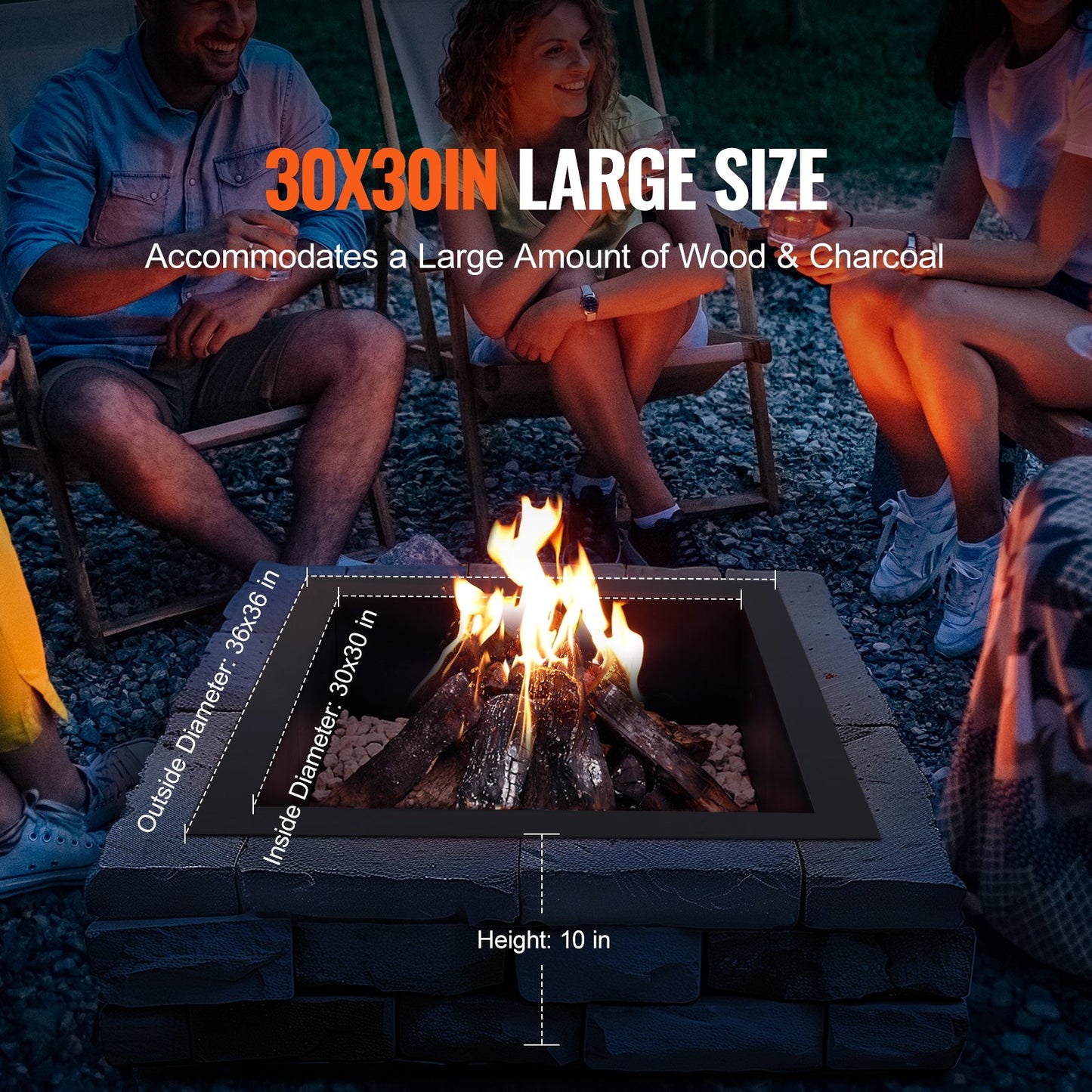 Fire Pit Ring Square 36x36 in Outer Steel Lining DIY Campfire Ring Firepit