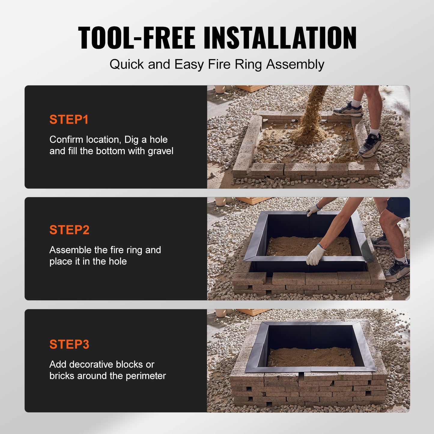 Fire Pit Ring Square 36x36 in Outer Steel Lining DIY Campfire Ring Firepit