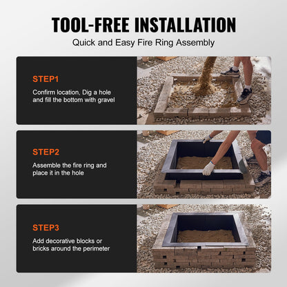 Fire Pit Ring Square 36x36 in Outer Steel Lining DIY Campfire Ring Firepit