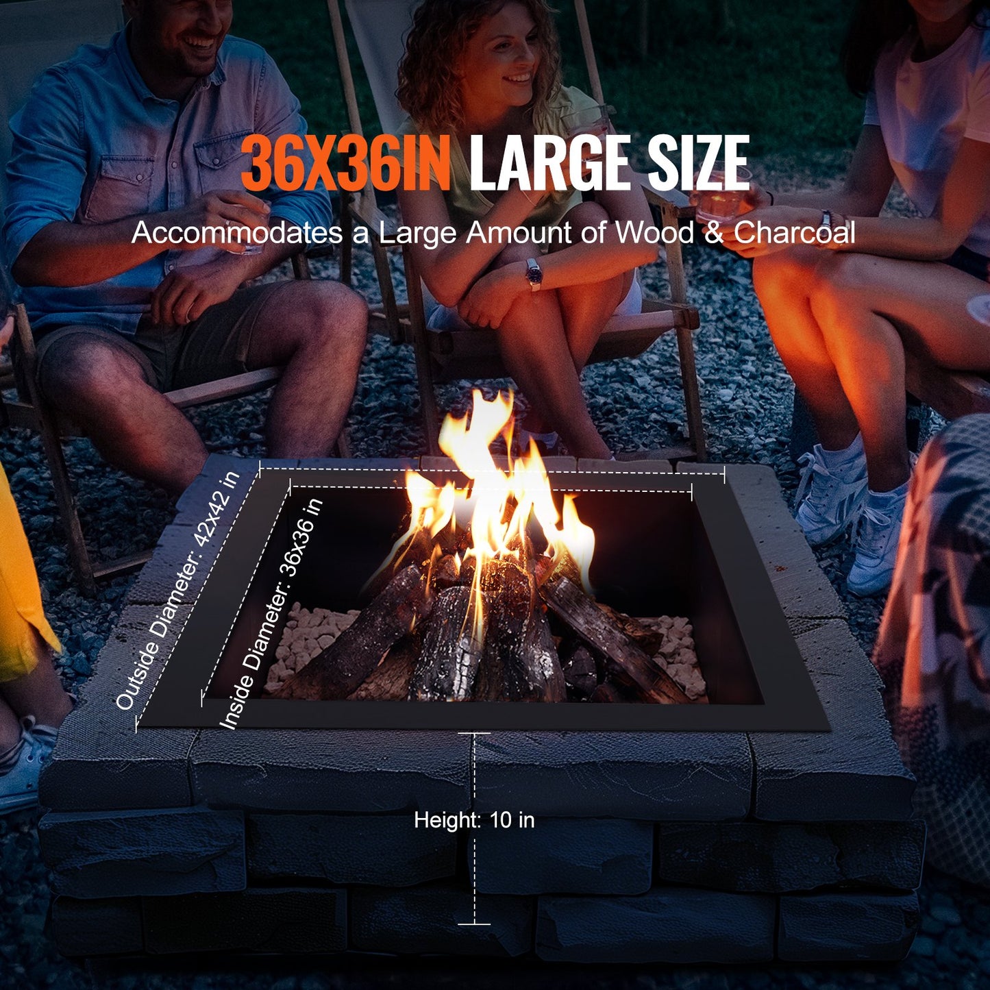 Fire Pit Ring Square 42x42 in Outer Steel Lining DIY Campfire Ring Firepit