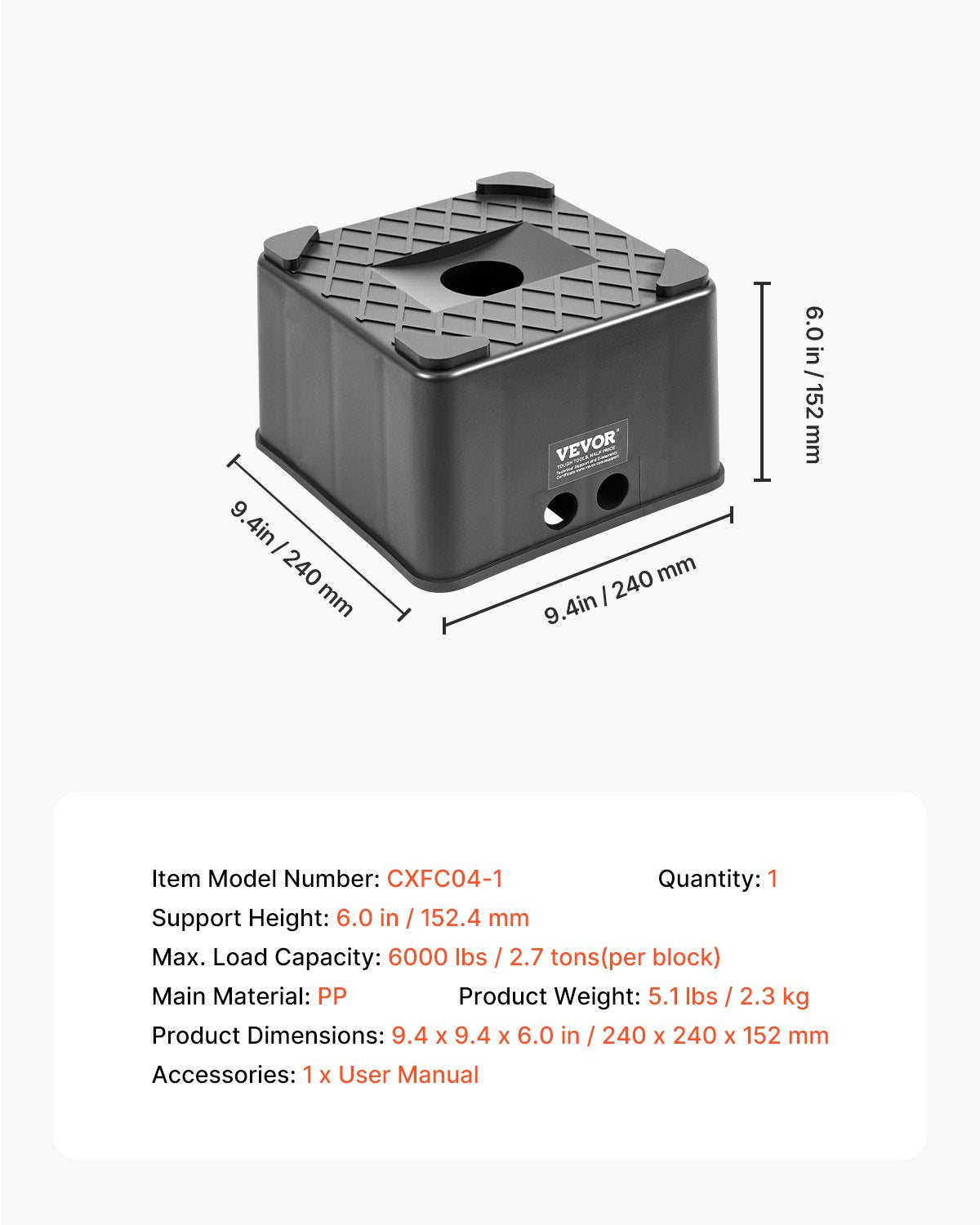 Trailer Jack Block, 6" High Heavy Duty RV Leveling Block with 6000 lbs Capacity, RV Jack Stand, Motorcycle Stand, Stool, Camper Accessories for Travel Trailers, 5th Wheels Class A/C Motorhomes