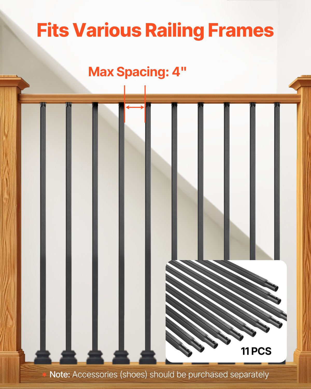 Staircase Balusters 11 Pack, 44 Inch Durable Carbon Steel Stair Balusters, 0.5 Inch Indoor Square Metal Spindle Railing, Corrosion-Proof Hollow Deck Railing with Pre-Drilled Holes, Matte Black