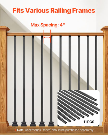 Staircase Balusters 11 Pack, 44 Inch Durable Carbon Steel Stair Balusters, 0.5 Inch Indoor Square Metal Spindle Railing, Corrosion-Proof Hollow Deck Railing with Pre-Drilled Holes, Matte Black