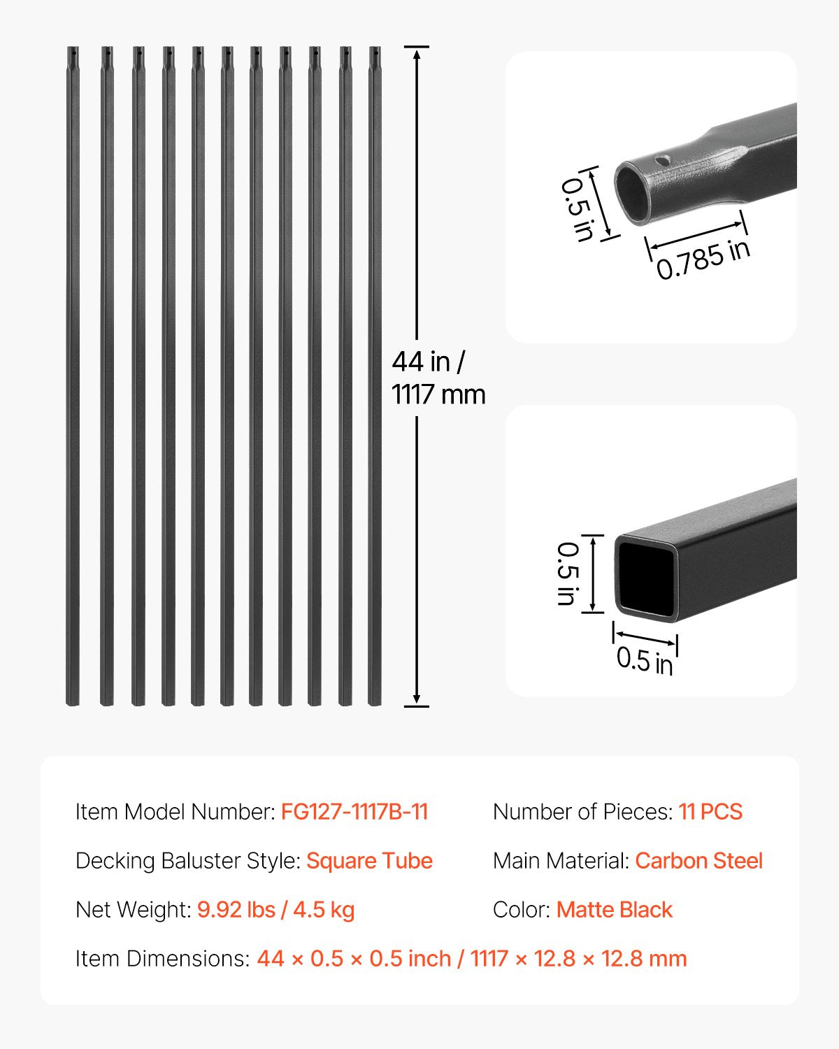 Staircase Balusters 11 Pack, 44 Inch Durable Carbon Steel Stair Balusters, 0.5 Inch Indoor Square Metal Spindle Railing, Corrosion-Proof Hollow Deck Railing with Pre-Drilled Holes, Matte Black