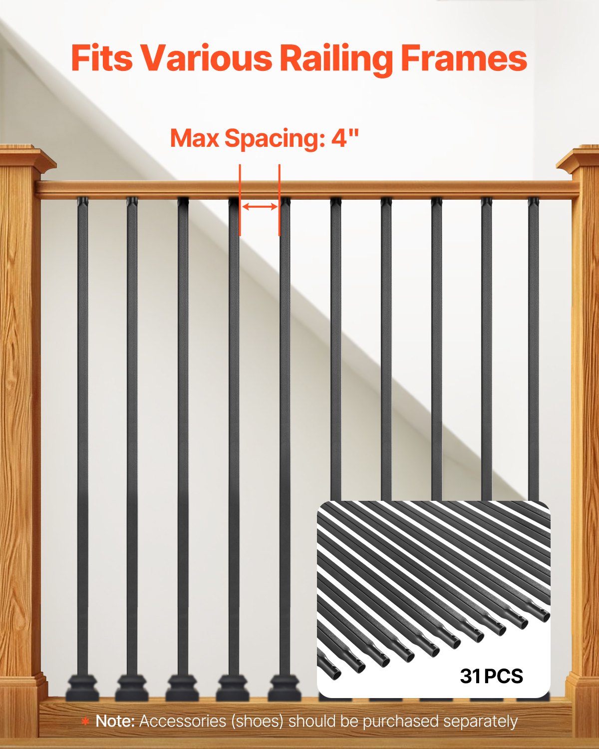 Staircase Balusters 31 Pack, 44 Inch Durable Carbon Steel Stair Balusters, 0.5 Inch Indoor Square Metal Spindle Railing, Corrosion-Proof Hollow Deck Railing with Pre-Drilled Holes, Matte Black