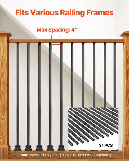 Staircase Balusters 31 Pack, 44 Inch Durable Carbon Steel Stair Balusters, 0.5 Inch Indoor Square Metal Spindle Railing, Corrosion-Proof Hollow Deck Railing with Pre-Drilled Holes, Matte Black