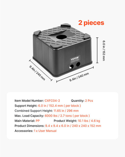 Trailer Jack Blocks, 6" High Heavy Duty RV Leveling Blocks, Each with 6000 lbs Capacity, as RV Jack Stand, Stool, Camper Accessories, for Travel Trailers, 5th Wheels Class A/C Motorhomes, 2 Pcs