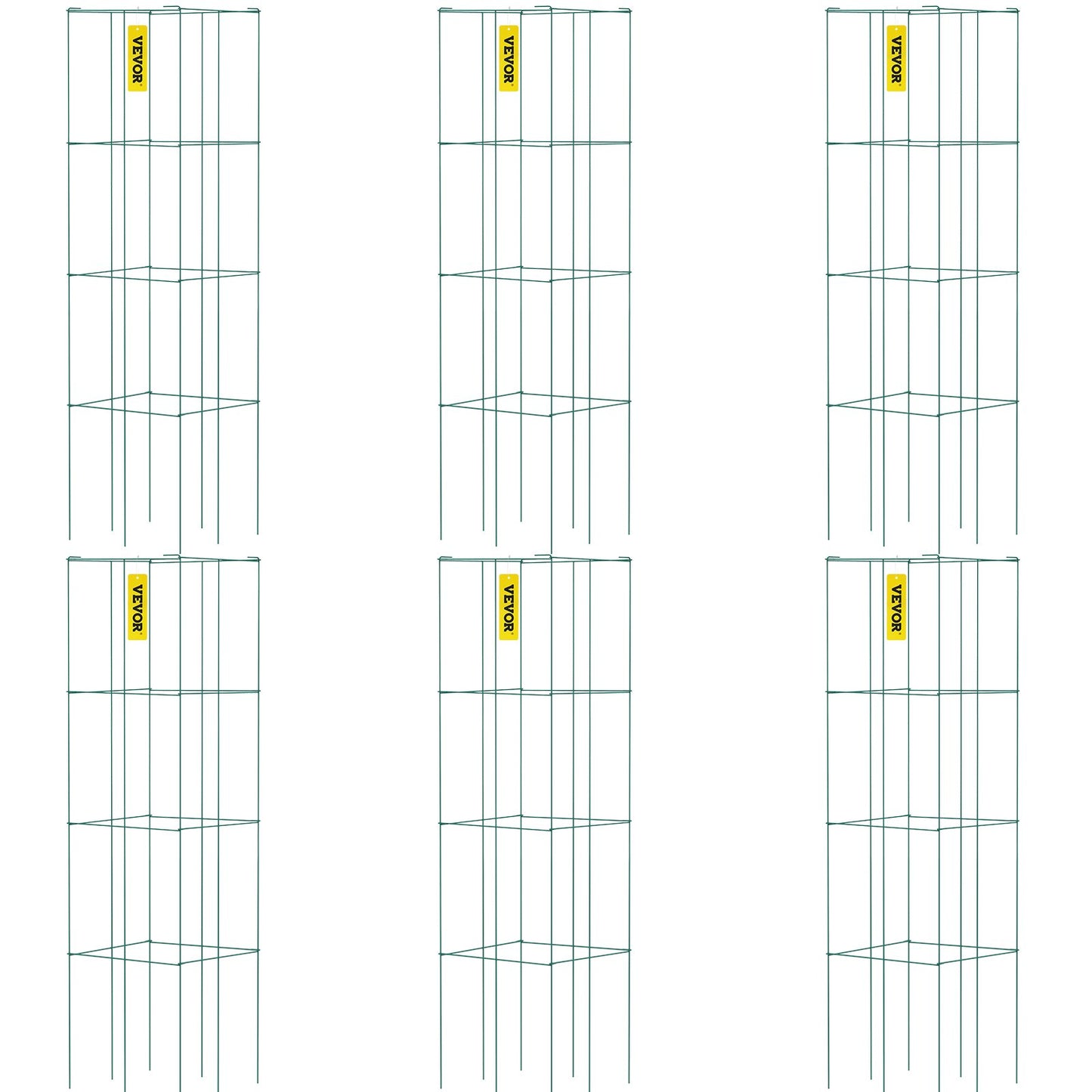 Tomatburar, 14,6" x 14,6" x 39,4", 6-pack fyrkantiga växtstödburar, gröna PVC-belagda tomattorn i stål för klättring i grönsaker, växter, blommor, frukter