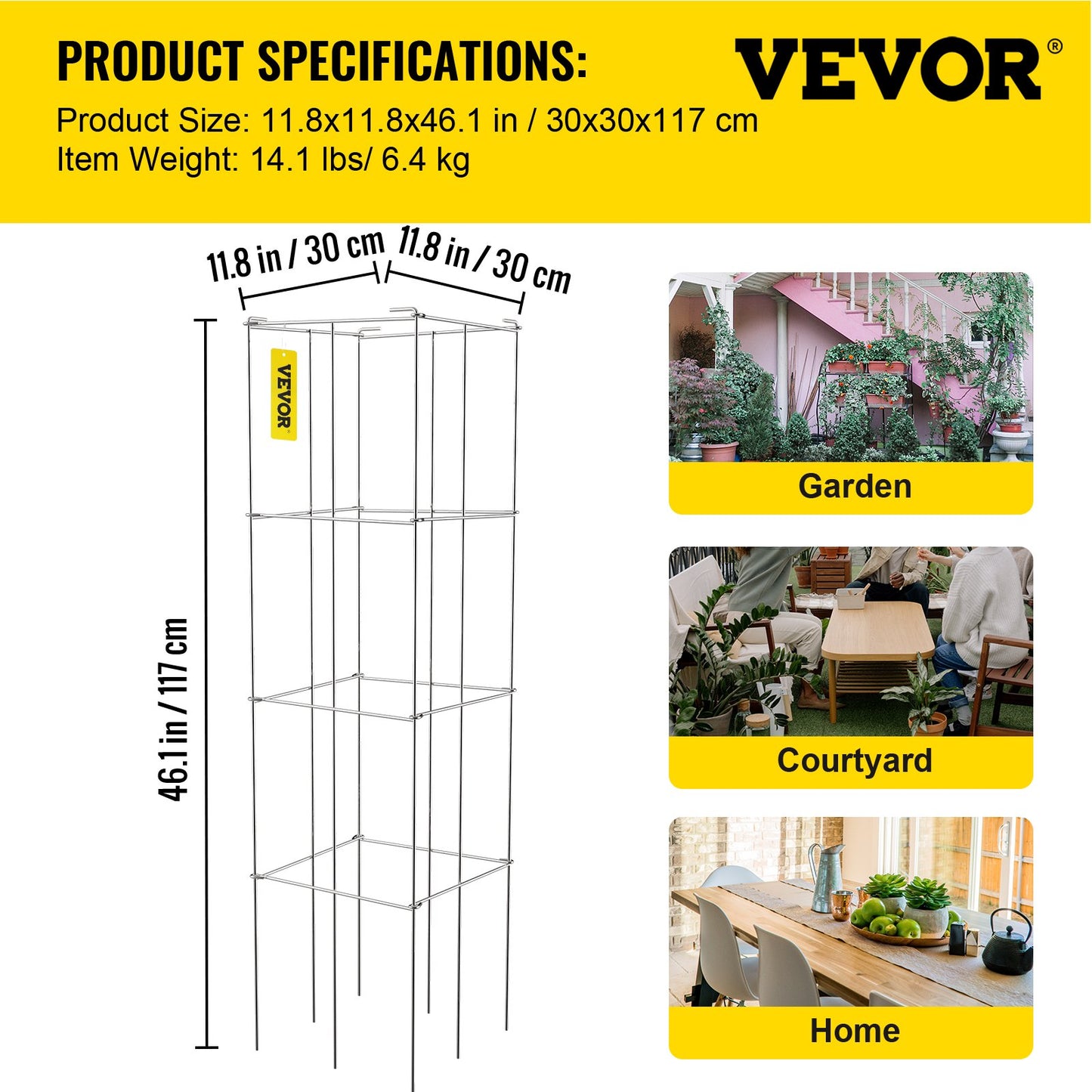 Tomato Cages, 11.8\" x 11.8\" x 46.1\", 5 Packs Square Plant Support Cages, Silver PVC-Coated Steel Tomato Towers for Climbing Vegetables, Plants, Flowers, Fruits