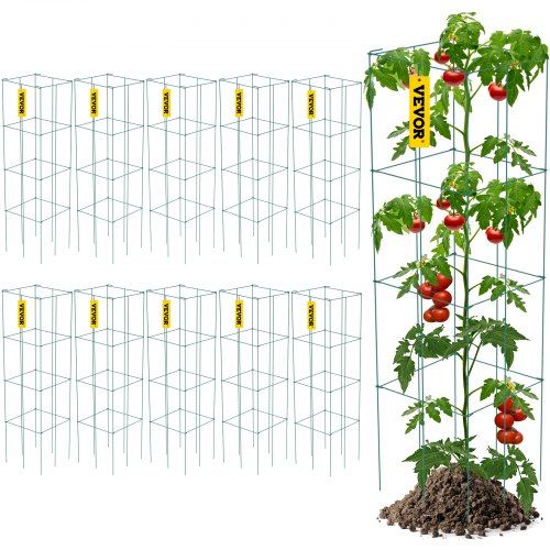 Tomato Cages, 11.8\" x 11.8\" x 46.1\", 10 Packs Square Plant Support Cages, Green PVC-Coated Steel Tomato Towers for Climbing Vegetables, Plants, Flowers, Fruits