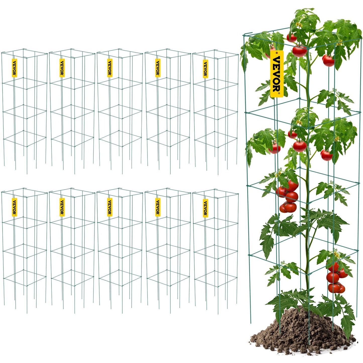 Tomatburar, 11,8" x 11,8" x 46,1", 10-pack fyrkantiga växtstödburar, gröna PVC-belagda tomattorn i stål för klättring i grönsaker, växter, blommor, frukter