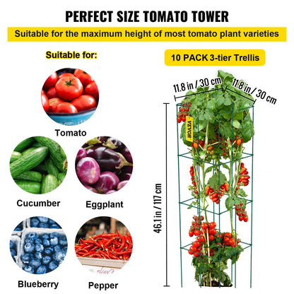 Tomato Cages, 11.8\" x 11.8\" x 46.1\", 10 Packs Square Plant Support Cages, Green PVC-Coated Steel Tomato Towers for Climbing Vegetables, Plants, Flowers, Fruits
