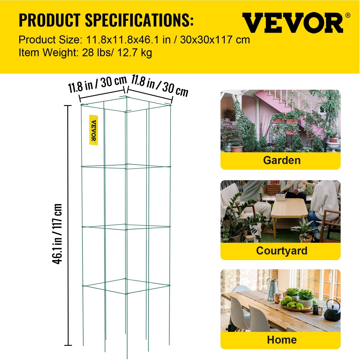 Tomato Cages, 11.8\" x 11.8\" x 46.1\", 10 Packs Square Plant Support Cages, Green PVC-Coated Steel Tomato Towers for Climbing Vegetables, Plants, Flowers, Fruits