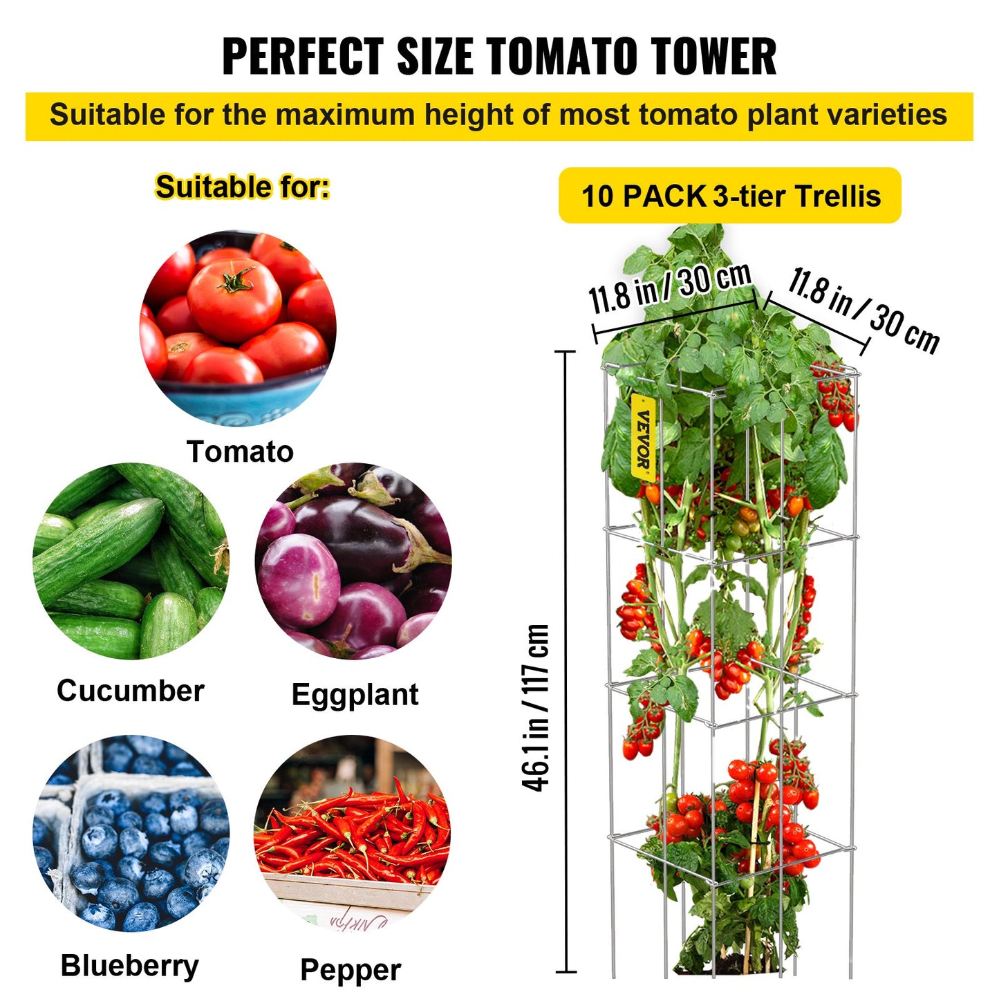 Tomatburar, 11,8" x 11,8" x 46,1", 10-pack fyrkantiga växtstödburar, silver PVC-belagda ståltomattorn för klättring i grönsaker, växter, blommor, frukter