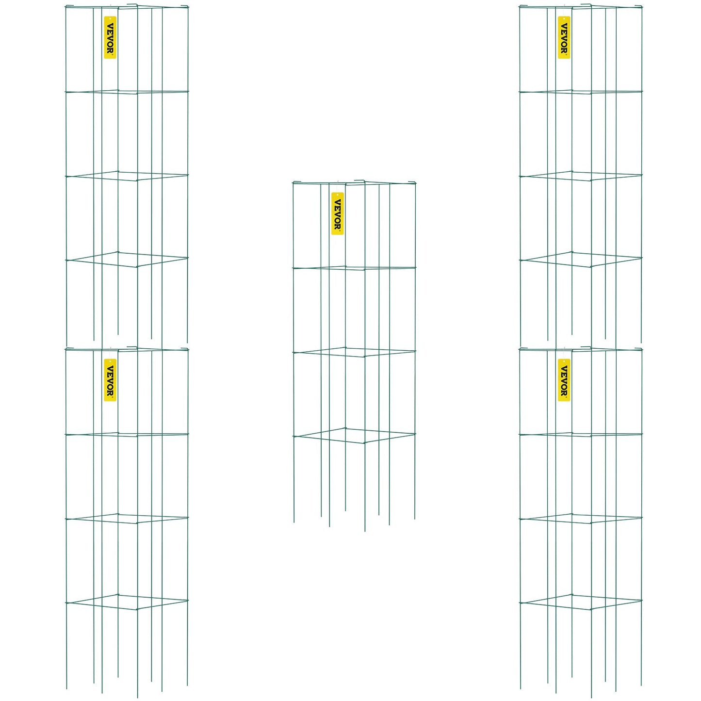 Tomatburar, 11,8" x 11,8" x 46,1", 5-pack fyrkantiga växtstödburar, gröna PVC-belagda tomattorn i stål för klättring i grönsaker, växter, blommor, frukter