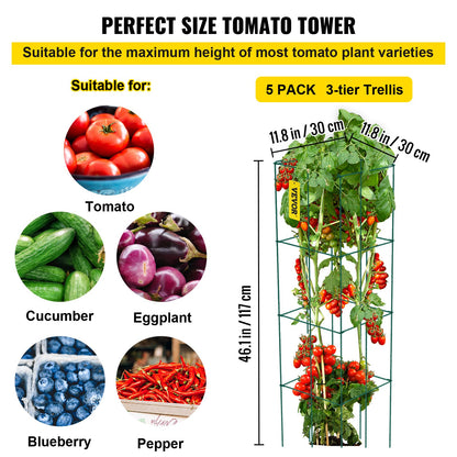 Tomato Cages, 11.8\" x 11.8\" x 46.1\", 5 Packs Square Plant Support Cages, Green PVC-Coated Steel Tomato Towers for Climbing Vegetables, Plants, Flowers, Fruits