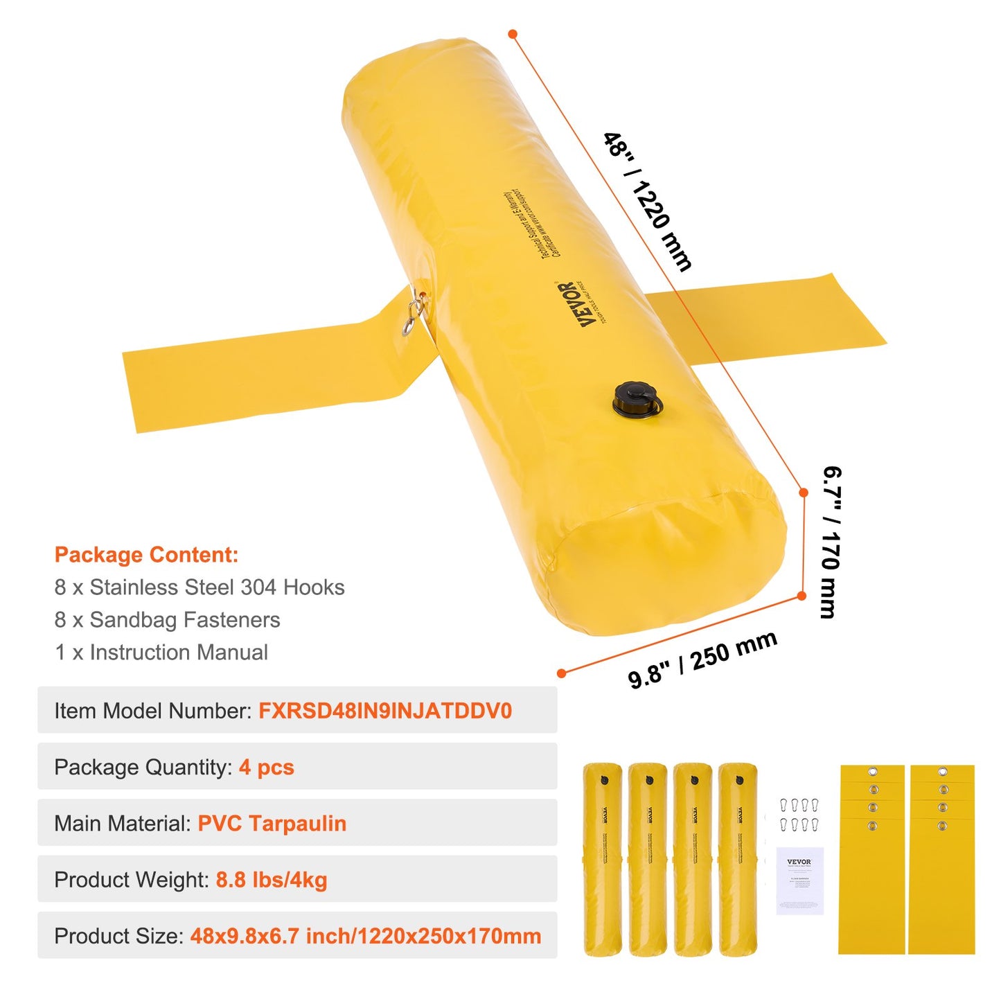 Hochwasserbarrieren, Sandsack-Alternativen, Hochwassersäcke, 4er-Pack, Hochwasserbarriere für Zuhause, Wasserbarrieren für Überschwemmungen, Türöffnungen, Auffahrten (4 Fuß x 6 Zoll)