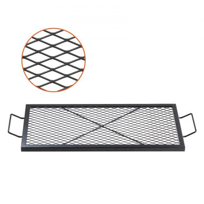 X-Marks Fire Pit Grill Grate, Rectangle Cooking Grate, Heavy Duty Steel Campfire BBQ Grill Grid with Handle & Support X Wire, Portable Camping Cookware for Outside Party Gathering, 32 Inch Black