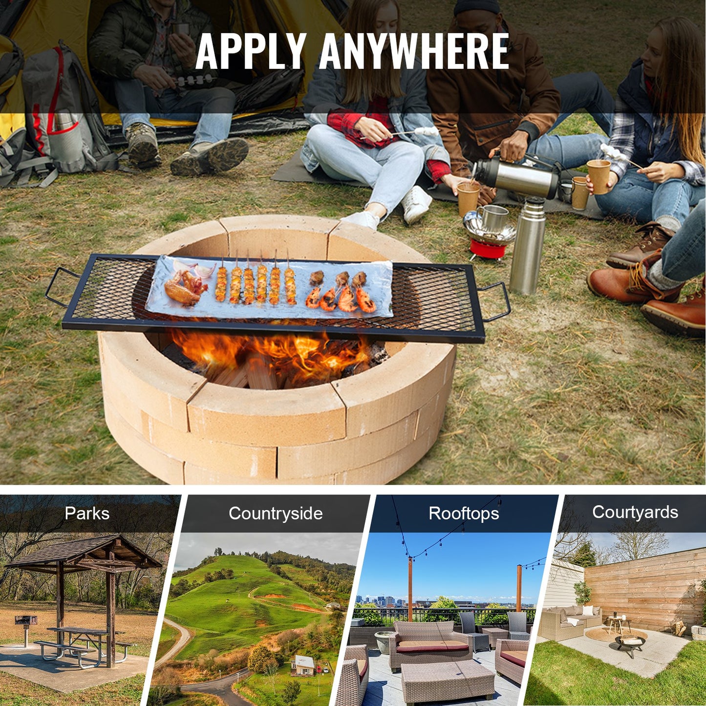 X-Marks Lagerfeuergrill, rechteckiger Grillrost, robuster Lagerfeuer-BBQ-Grillrost aus Stahl mit Griff und Stütz-X-Draht, tragbarer Campingkocher für Partys im Freien, 44 Zoll, Schwarz