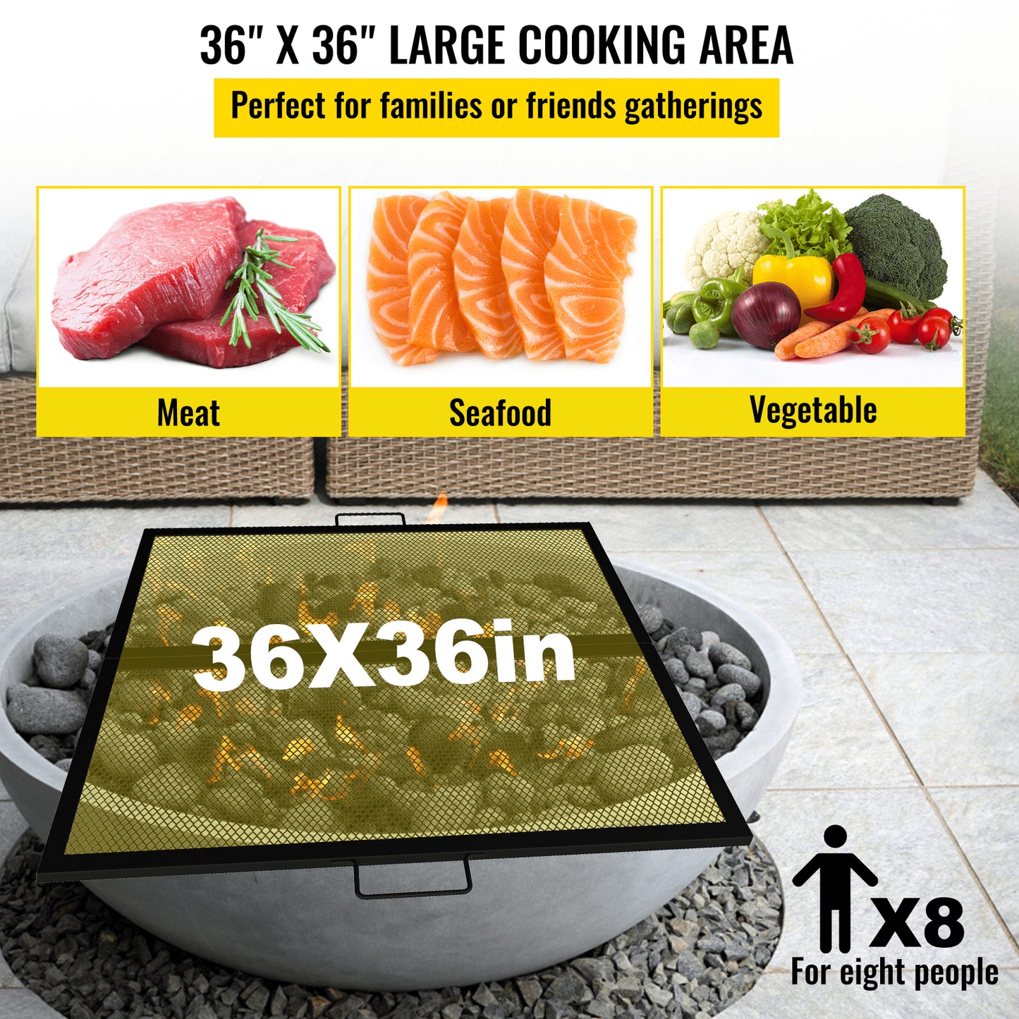 Square Cooking Grate Fire Pit Grill with X Marks Foldable 36" x 36