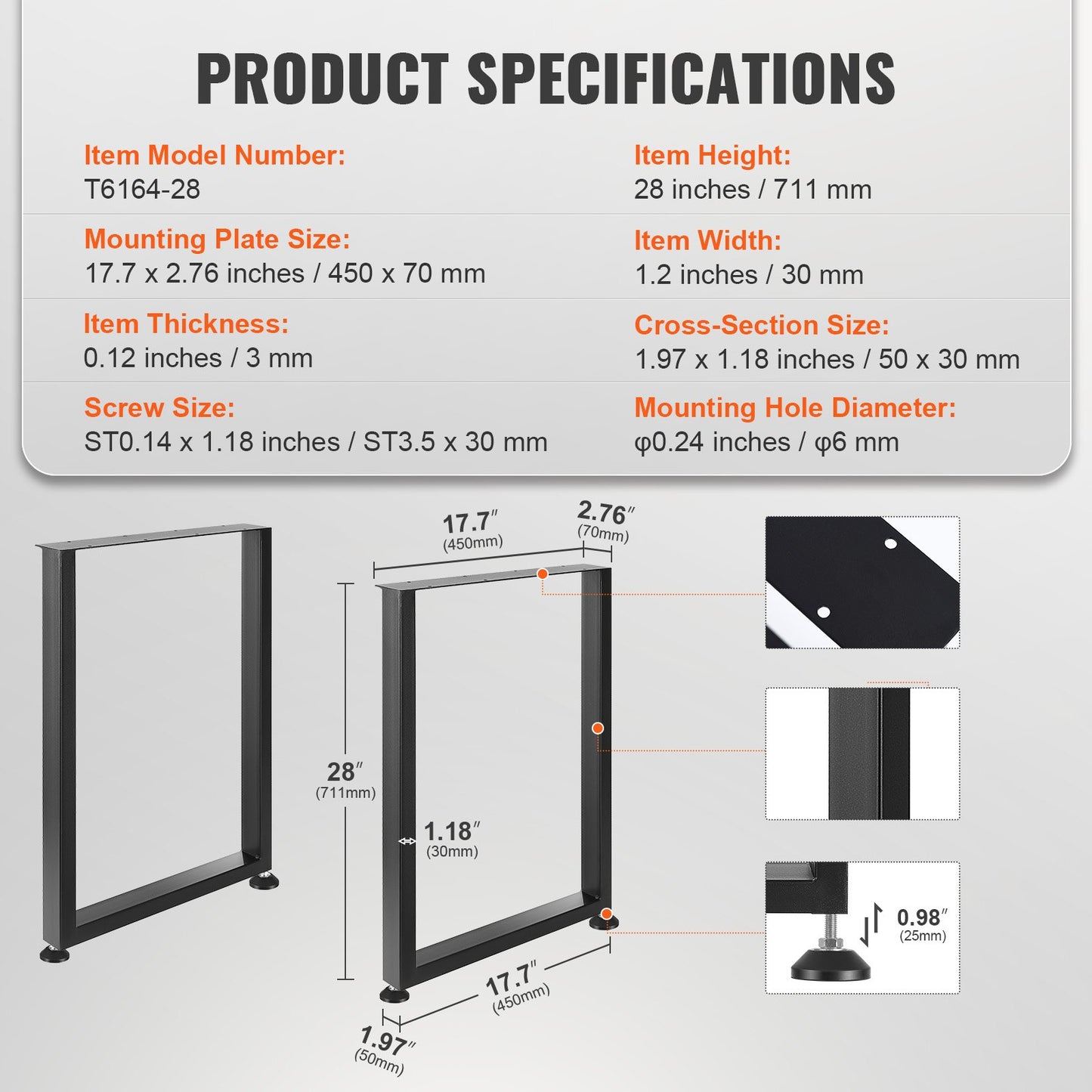 711.2MM Adjustable Furniture Legs, Square Reinforced Steel Office Table Legs Set of 2 for DIY, Max Load 453.6kg Heavy Duty Desk Legs, Quick Installation &amp; Rich Accessories Legs Black