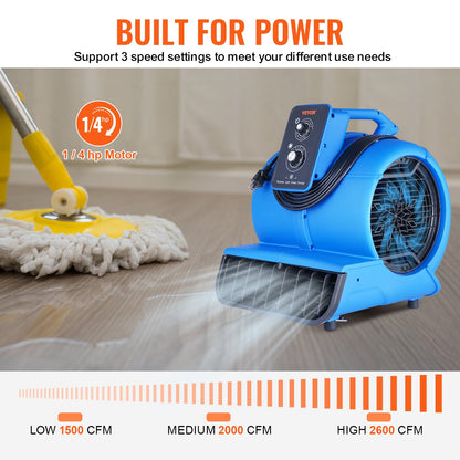 Bodenventilator, 1250 U/min, 2600 CFM, Luftbeweger mit 4 Blaswinkeln, 3 Geschwindigkeiten