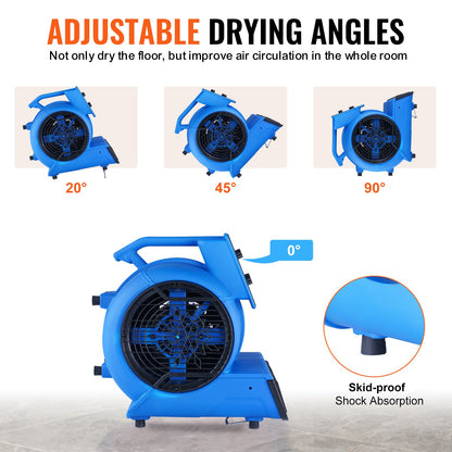 Bodenventilator, 1250 U/min, 2600 CFM, Luftbeweger mit 4 Blaswinkeln, 3 Geschwindigkeiten