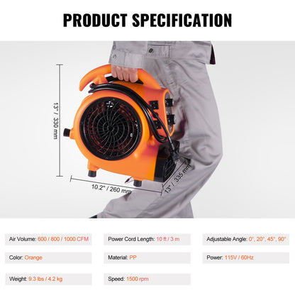 Floor Blower, 1/4 HP, 1000 CFM Air Mover for Drying and Cooling, Portable Carpet Dryer Fan with 4 Blowing Angles and Time Function, for Janitorial, Home, Commercial, Industrail Use, ETL Listed