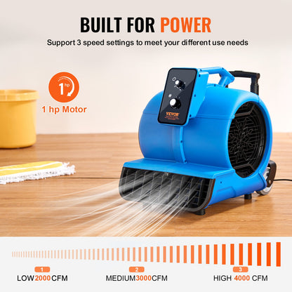Floor Blower 1560 RPM 4000 CFM Air Mover with 3 Blowing Angles 3-Speeds