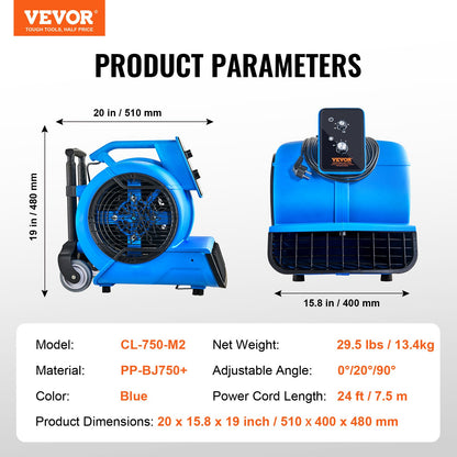 Floor Blower 1560 RPM 4000 CFM Air Mover with 3 Blowing Angles 3-Speeds
