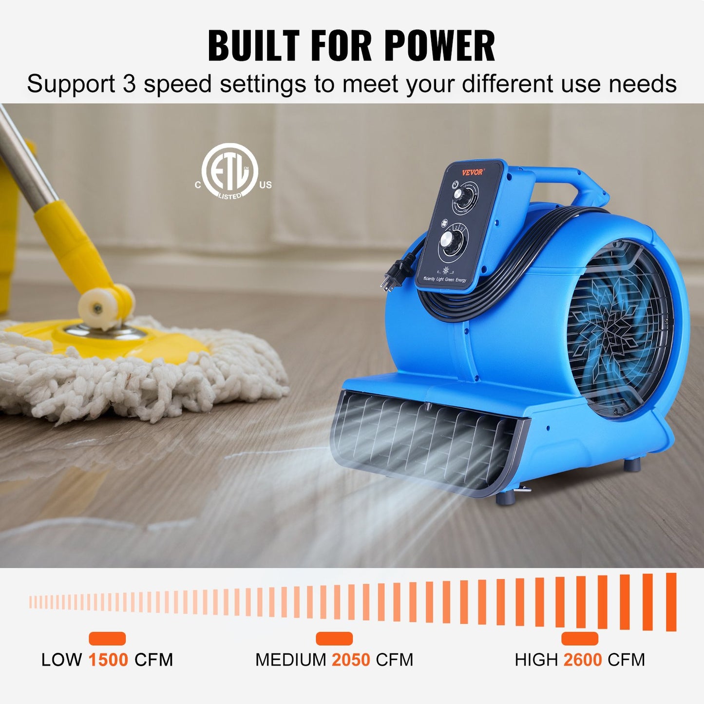 Floor Blower, 1/2 HP, 2600 CFM Air Mover for Drying and Cooling, Portable Carpet Dryer Fan with 4 Blowing Angles and Time Function, for Janitorial, Home, Commercial, Industrail Use, ETL Listed